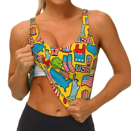 Qokaie America Symbols Pattern Womens Scoop Neck Sports Bra Breathable Workout Vest Padded U Back Medium Impact Fitness Gym Yoga Bra Workout Crop Top