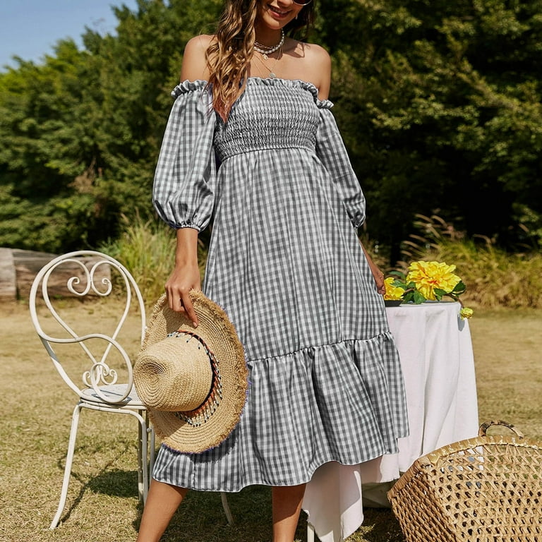 Women s Boho Dresses Plaid Printed Puff Sleeve Cold Shoulder Smocked Midi Dress Summer Casual Ruffle Flowy Beach Dress Walmart