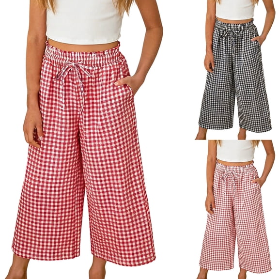 POIUYTR Girls Cotton Linen Plaid Pants Summer Elastic High Wasit Wide Leg Cropped Pants Kids Casual Loose Comfy Palazzo Trousers