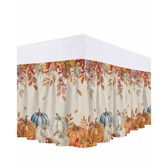 Orange Blue Thanksgiving Fall Bed Skirt King Size 16 Inch Drop, Eucalyptus Leaves Botanical Retro Wrap Around Dust Ruffle Bedskirts, Wrinkle & Fade Resistant Easy Fit Bedskirt with Adjustable Elastic