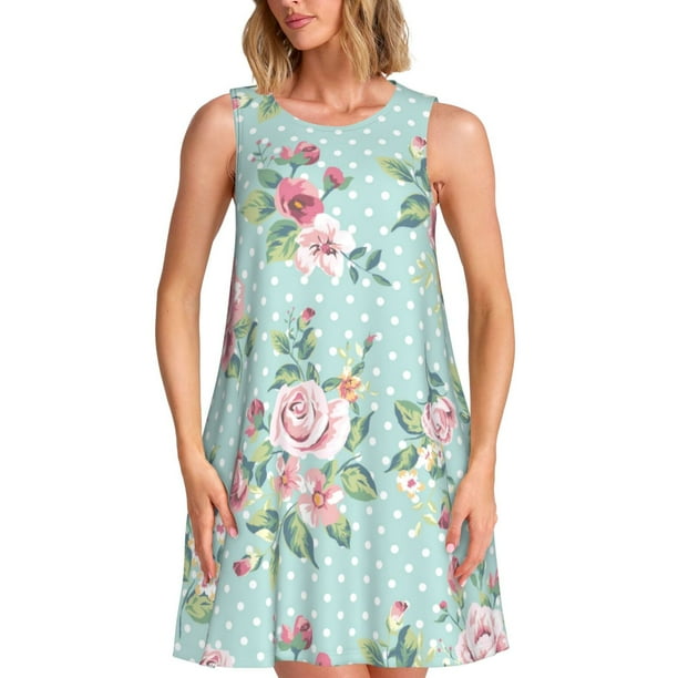 Fotbe Vintage Floral Vestido de Verano sin Mangas para Mujer – Vestido Midi Línea A, Estilo Camiseta Floral, Vestido Playero Casual y Fluido