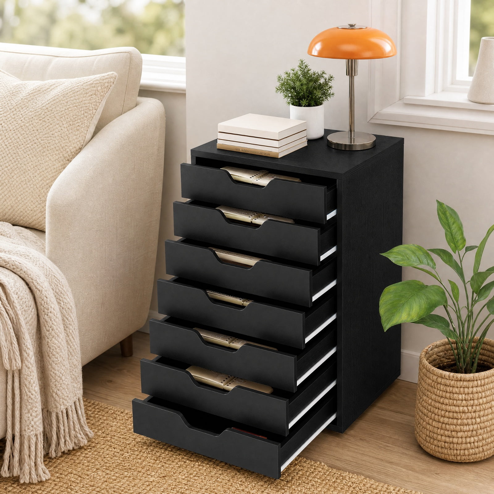 Furnibear 7-Drawer Chest Wooden Storage Dresser with Lockable Wheels for Home Office Filing Document Letter Legal Storage, Black