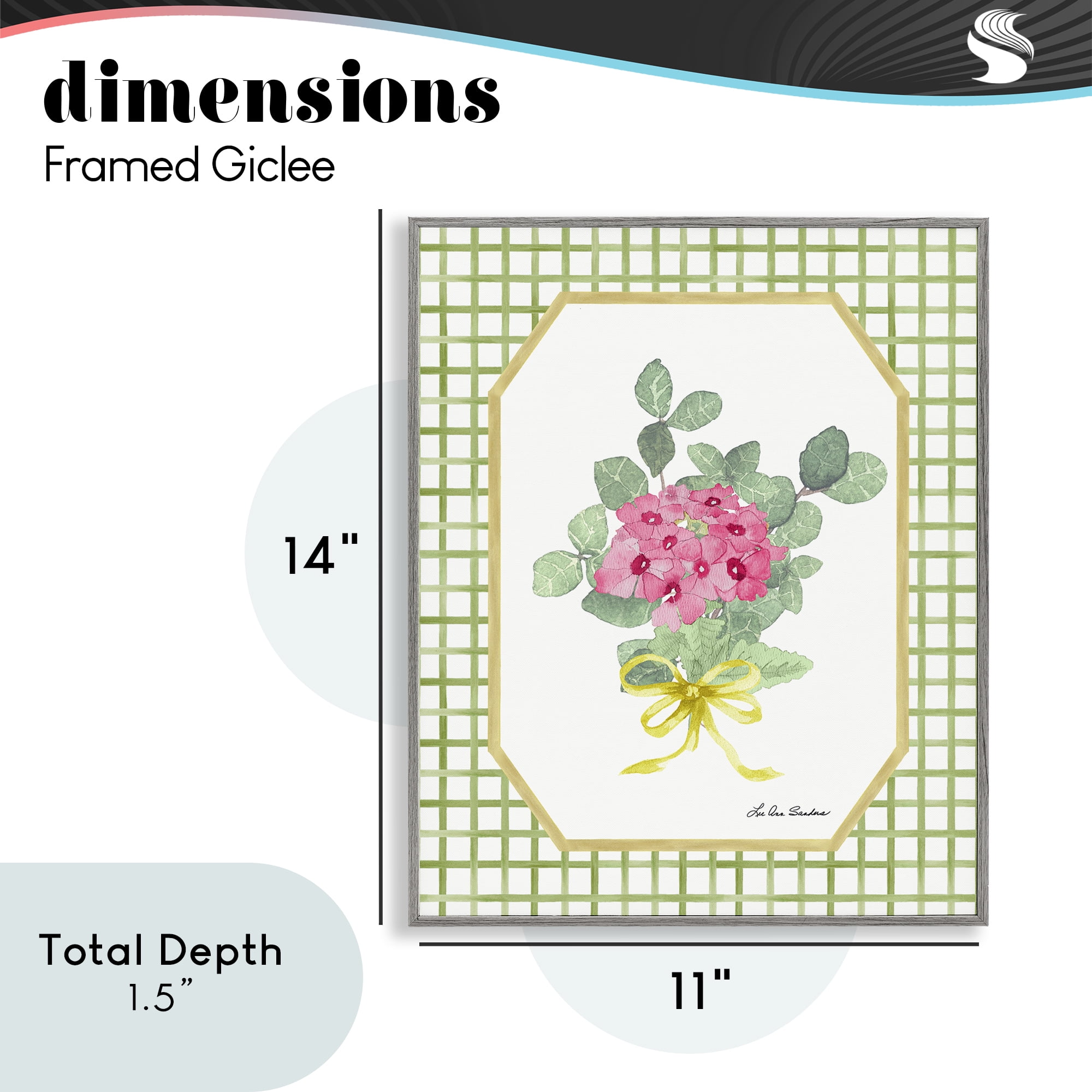 Botanical Story on Grid Pattern Gray Framed Giclee Art, design by Lee Ann Sanders