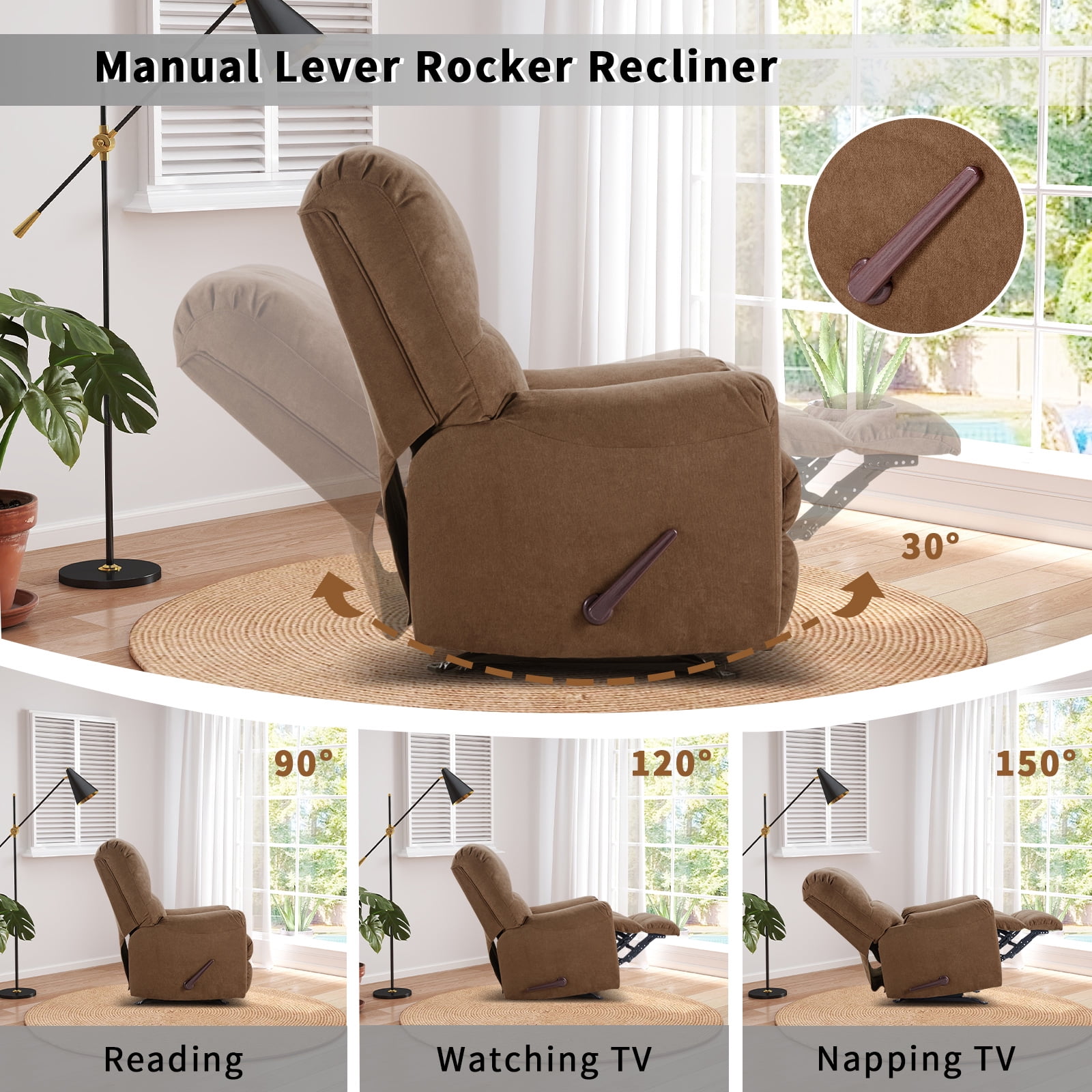 Ebello Manual Rocker Recliner Chair for Adults – Soft Fabric Reclining Sofa with Overstuffed Backrest, 300 lbs Weight Capacity,Brown