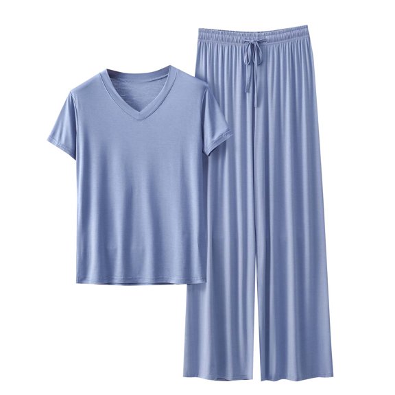 UAMVSH Womens Pajama Sets 2 Piece Short Sleeve Sleepwear V Neck Tops and Drawstring Pants Loungewear Set Comfy Soft Pjs Set