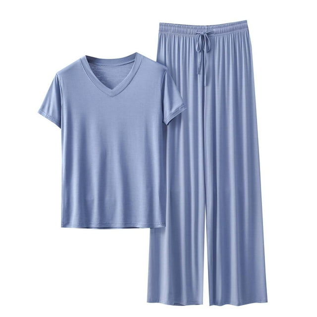 yoeyez Ensembles de Détente pour Femmes Pyjamas en Modal à Manches Courtes 2 Pcs Chandails à Col Rond et Pantalons à Jambes Larges Ensembles de Détente Pjs Bleu Pâle,TG