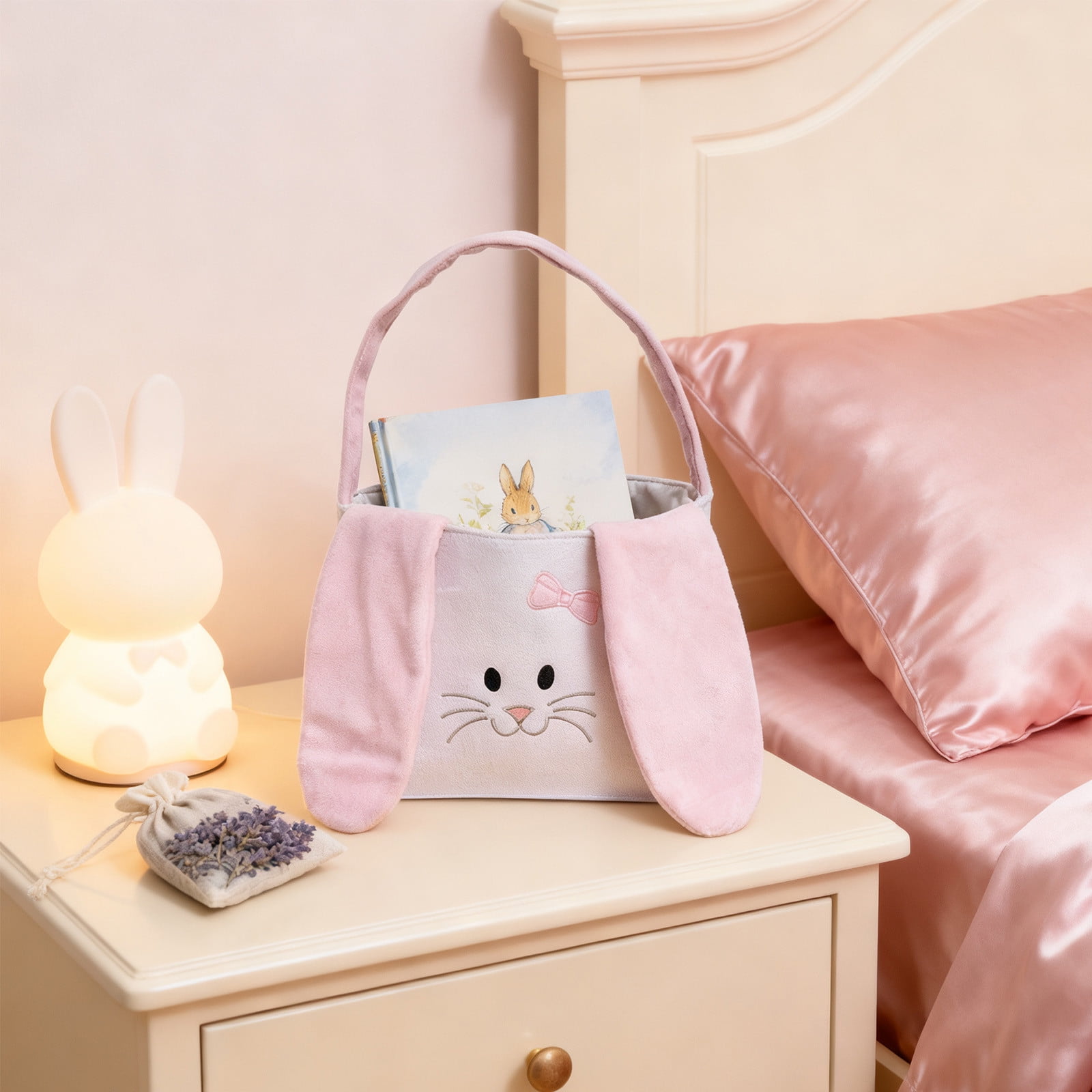 ToyKingdee Easter Basket Easter Bunny Basket, Cute Fluffy Bag with Foldable Ears, Plush Rabbit Tote Bags for Easter Egg Hunts Decorations Candy Gifts Storage