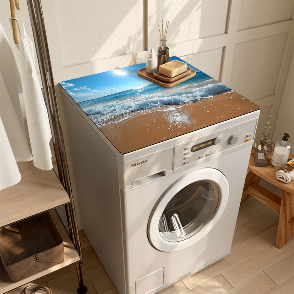 1pc Drain Pad,The Sun Shines On The Blue Sky, The Waves Gently Beat The Coastal Pattern Shore Washer And Dryer Top Protection Mat, Washing Machine Non-Slip Dust Cover Mat, For Laundry, Bathroom,