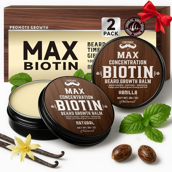 Premium Biotin Beard Care Kit: 2 Balms in Natural & Vanilla | Non-Itchy Formula for Men, Moisturizes & Strengthens to Shape and Tame Beard | Grooming Gift Set for Him