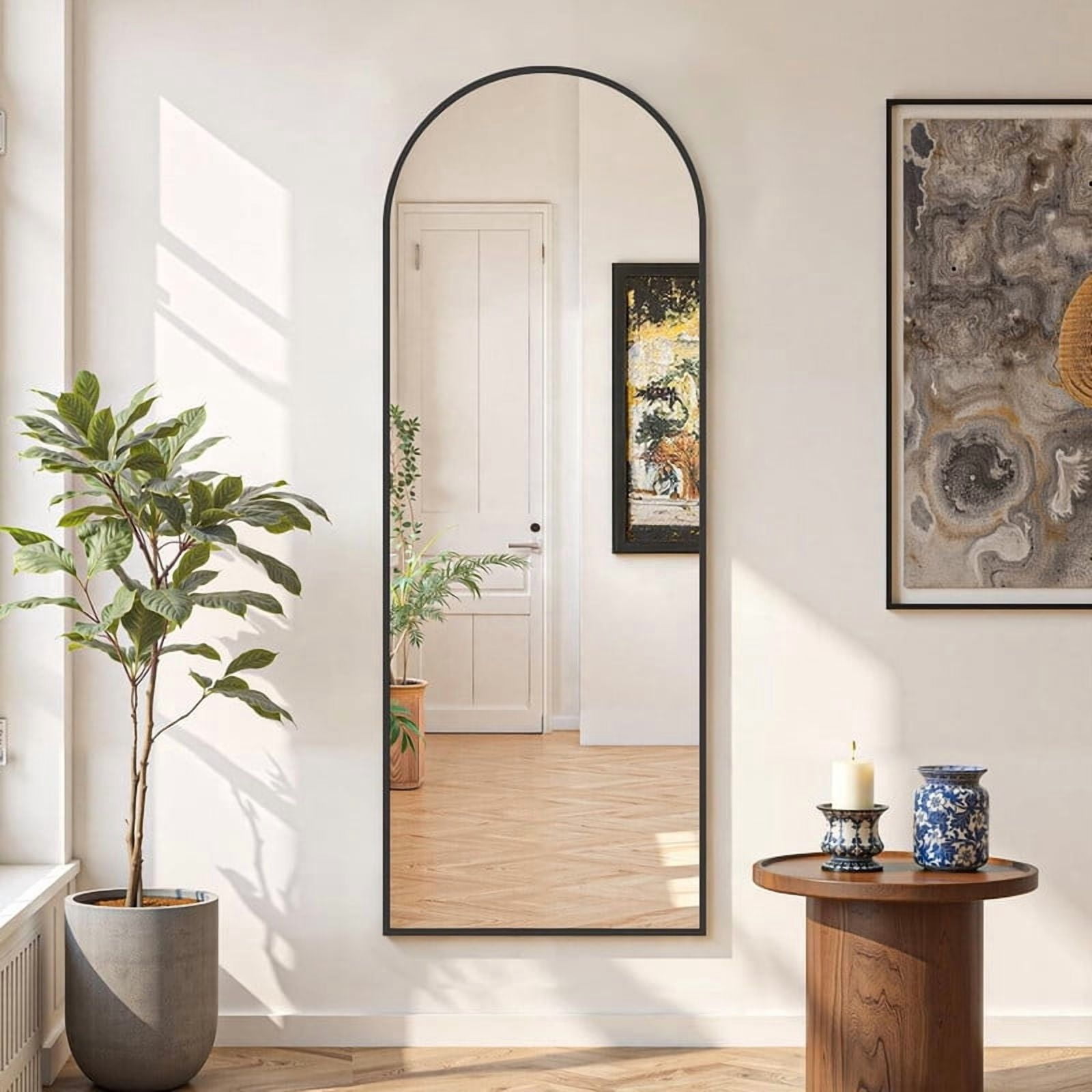 Easy4Home 59"x16" Arched Full Length Mirror Freestading Full Body Floor Mirror, Black