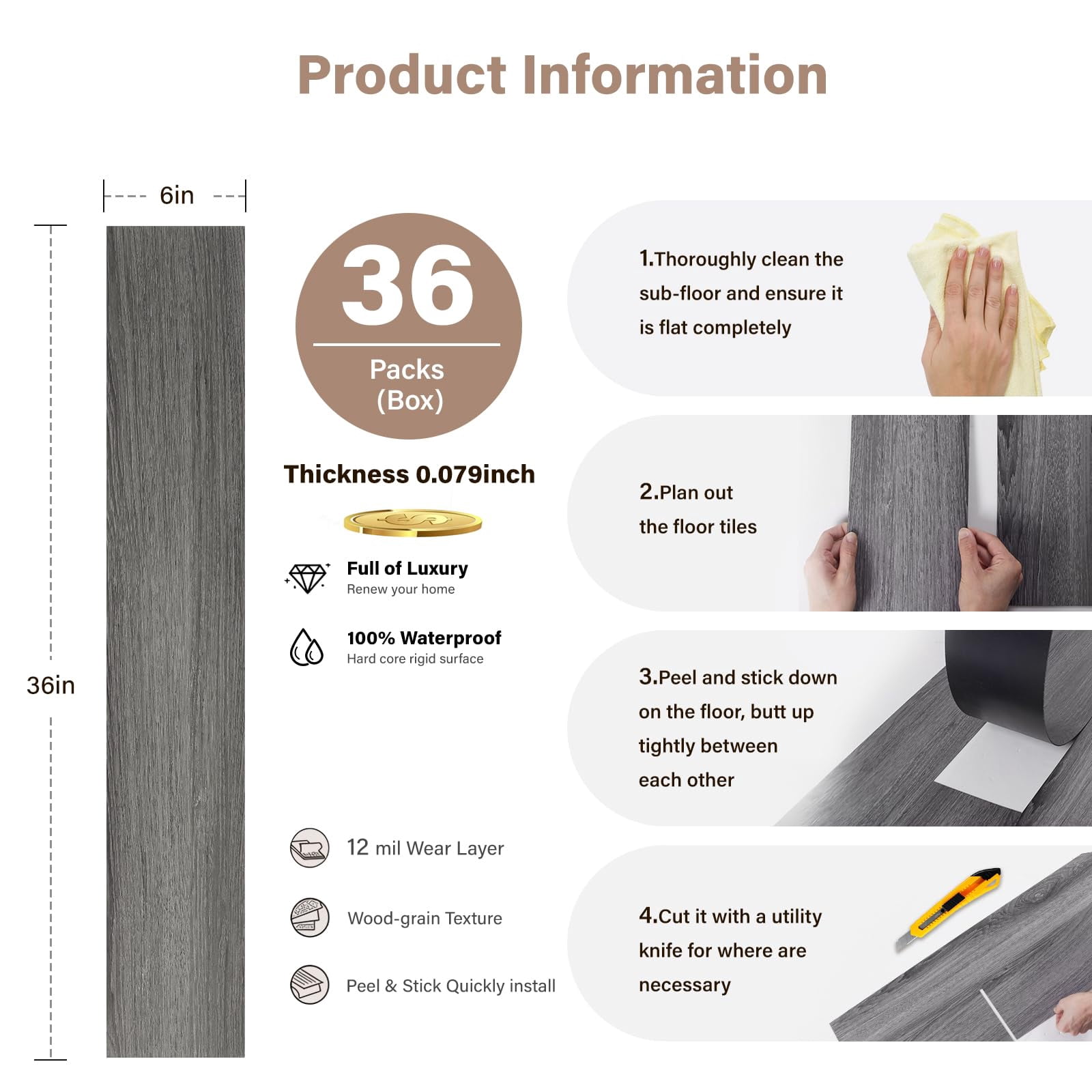 Peel And Stick Floor Tile Vinyl Flooring  Waterproof Plank 36-pack 54 Sq.ft Wood Grain Self Adhesive For Bedroom Living Room Kitchen Rv(deep Gray)