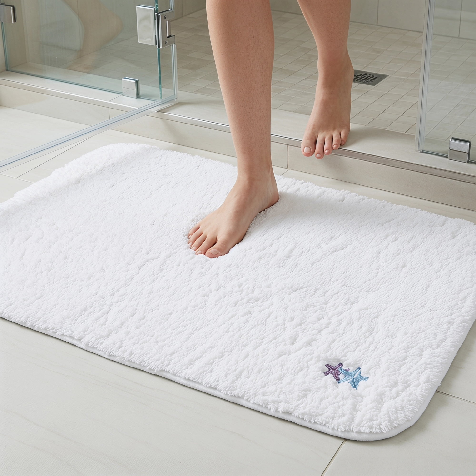 Unique Bargains High-End Plush Absorbent Microfiber Bath Mat White Starfish 32" x 20"