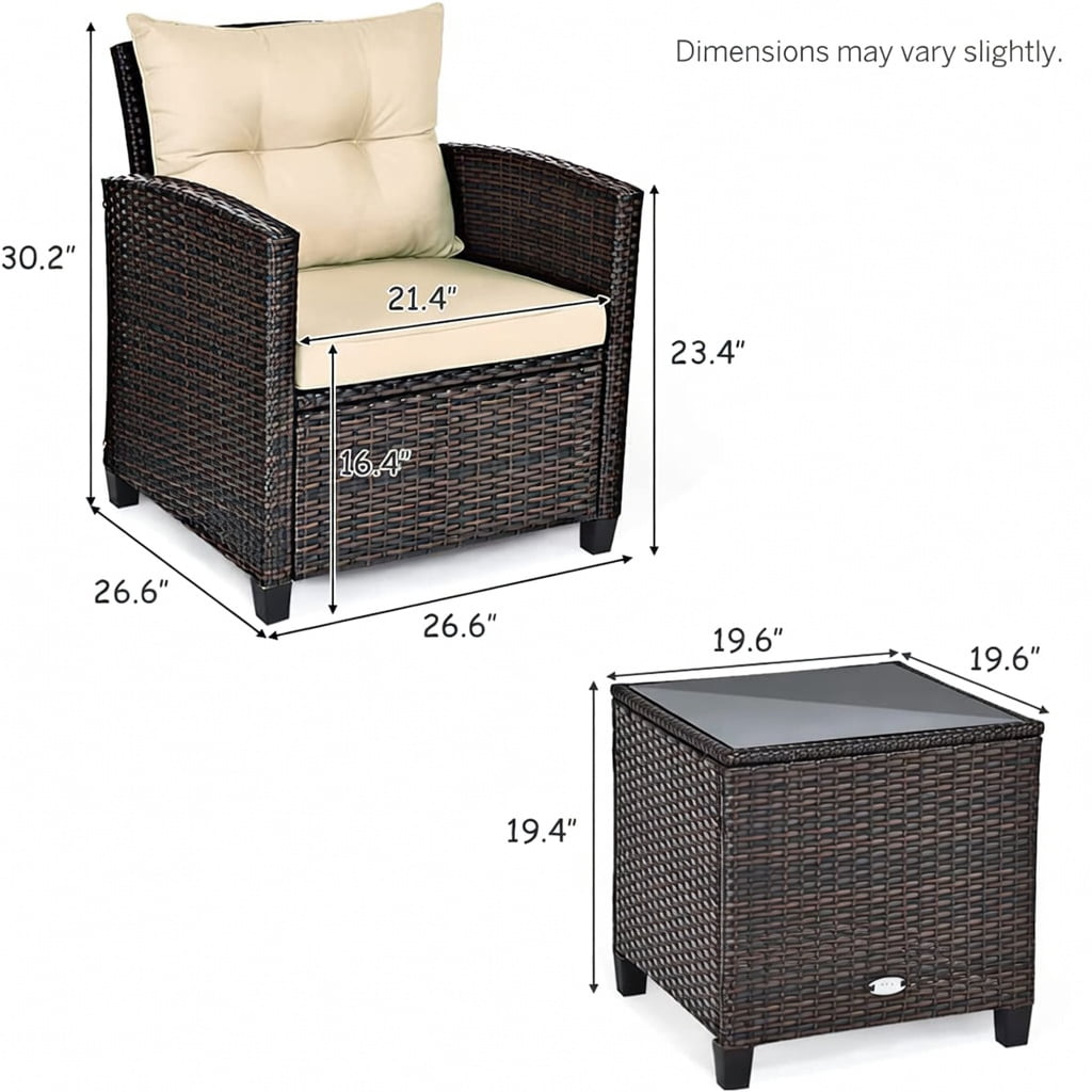 Hommoo 3-Piece Outdoor Rattan Patio Furniture Set with Cushions & Tempered Glass Coffee Table, Beige