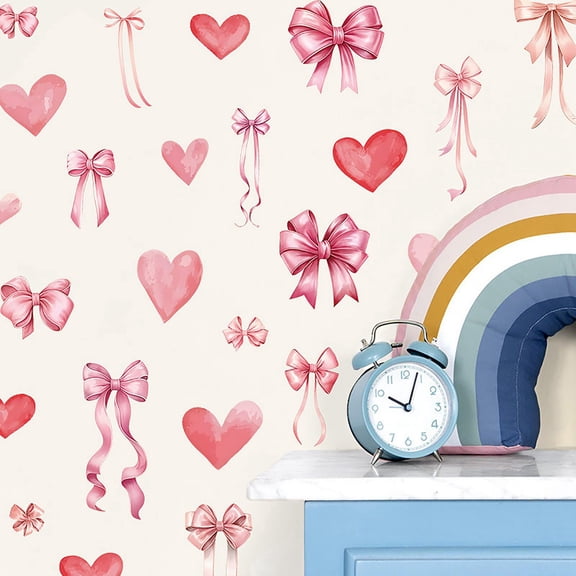 Pink Bow and Heart Wall Decals - 6 Sheets 82 Pcs Bow Knot Wall Stickers Watercolor Bow Heart Peel and Stick Wall Stickers for Girls Room Nursery Bedroom Valentine's Day Décor
