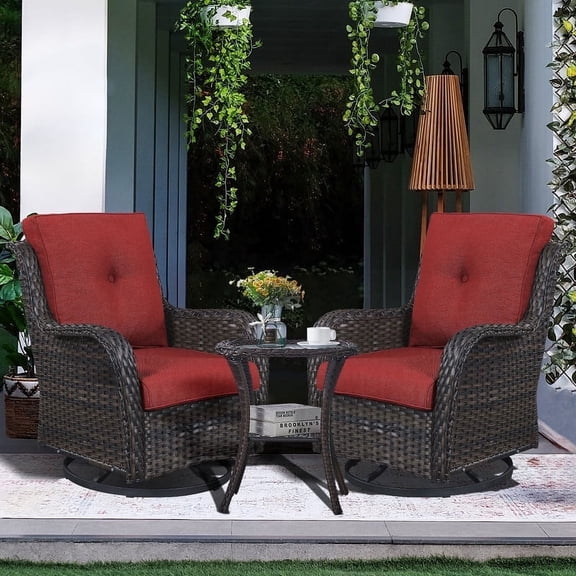 POCASSY 3 Piece Patio Set Outdoor Wicker Glider Rocking and Swivel Chairs with Cushions