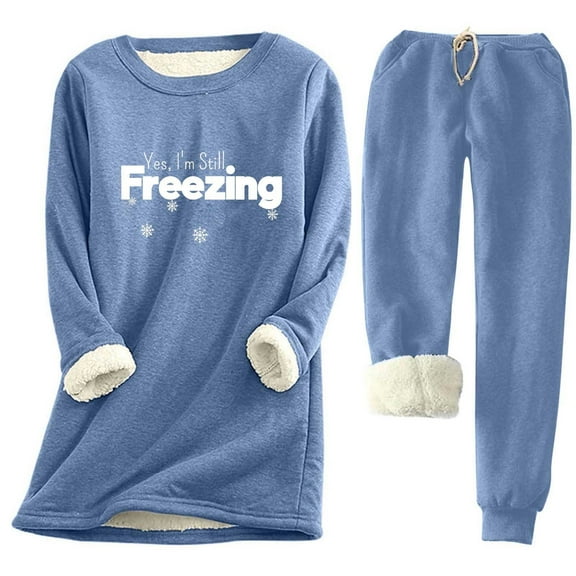 Oksale Womens 2 PC Sweatsuits Plus Size Fleece Sherpa Lined Sweatshirts Casual Print Sweatpants Freezing Outfits Warm Winter Sets Blue M