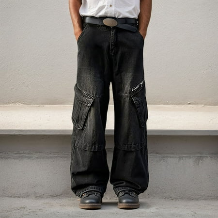 MHFRRA Men Jeans Men s Retro Casual Style Wide Leg Jeans with Pockets for Everyday Wear Size M