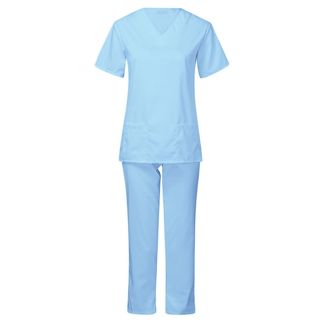 Penkiiy Women's V-Neck Short Sleeved Scrub Set, Light Blue, XL