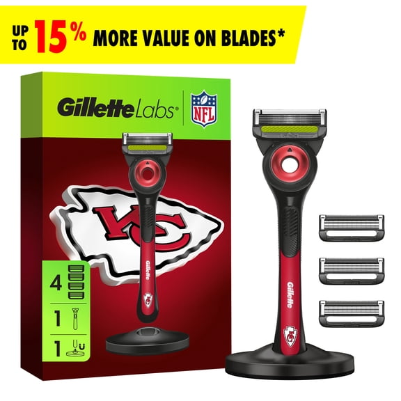 Gillette Labs Official Chiefs Licensed Razor for Men, Perfect for Game Day Grooming, Gillette Labs with Exfoliating Bar, 1 Handle, 4 Blade Refills, with Magnetic Stand