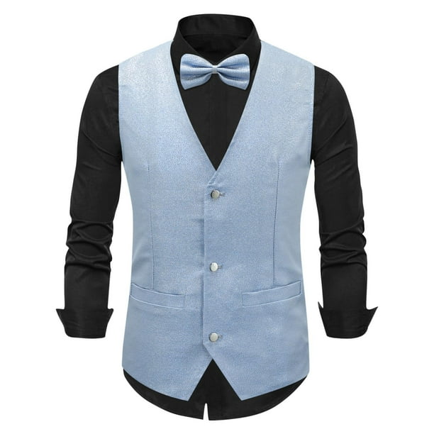 pstuiky Camiseta sin mangas para hombre, Blusa sin mangas con cuello en V, botones y pajarita con bolsillos estampados a la moda para hombre Chaleco de hombre l