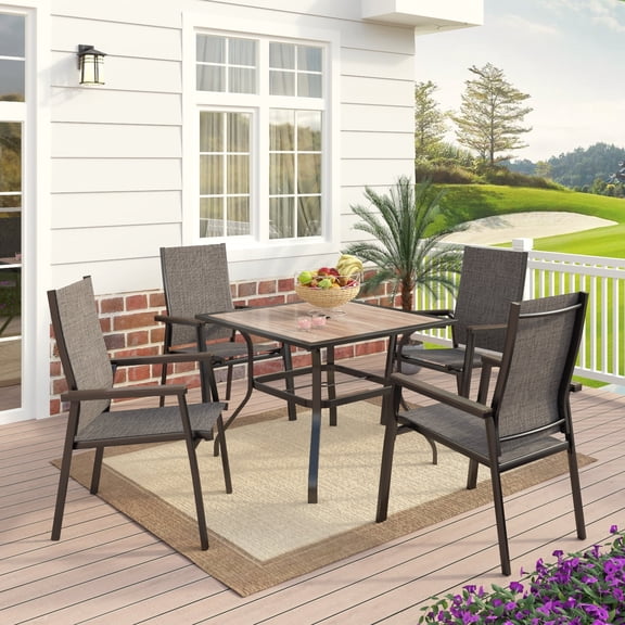 SUMMIT LIVING 5-Piece Outdoor Patio Dining Set, Square Wood-Grain Top Patio Table and Stackable Aluminum Textilene Armchairs, Gray