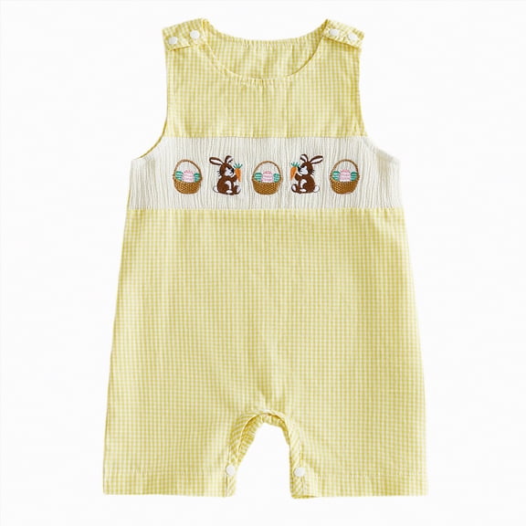 UngA Baby Boy Easter Outfit Bunny Carrot Embroidery Jumpsuit Sleeveless Overall Spring Palysuit Infant Newborn Summer Clothes (Yellow,12-18 Months)