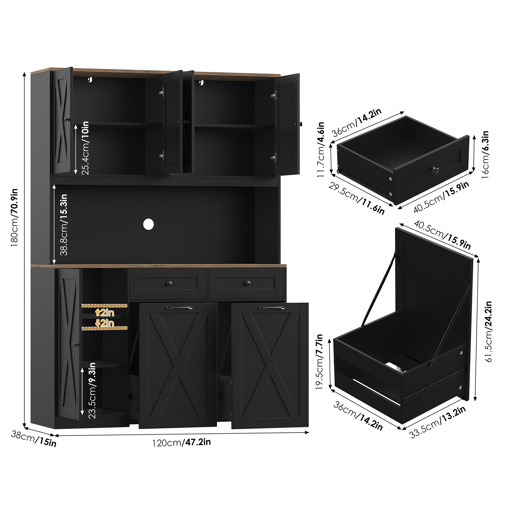Homfa Kitchen Pantry Cabinet, Trash Can Cabinets Fits 12.5 Gallon Can, 5 Door 2 Drawer Kitchen Storage Cabinet with Hutch, Freestanding Cupboard, Black