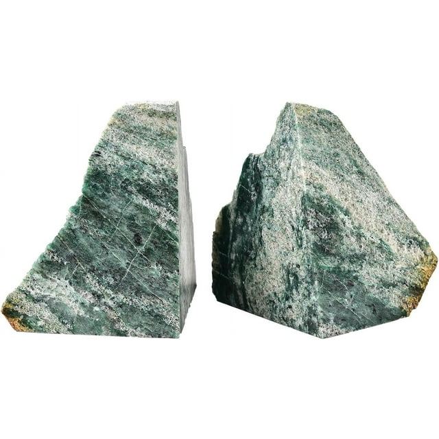 AMOYSTONE Heavy Sturdy Bookends | Natural Green Mica Stone 6-8LBS | Rustic Kitchen Shelf Organizer | Anti-Tip Design