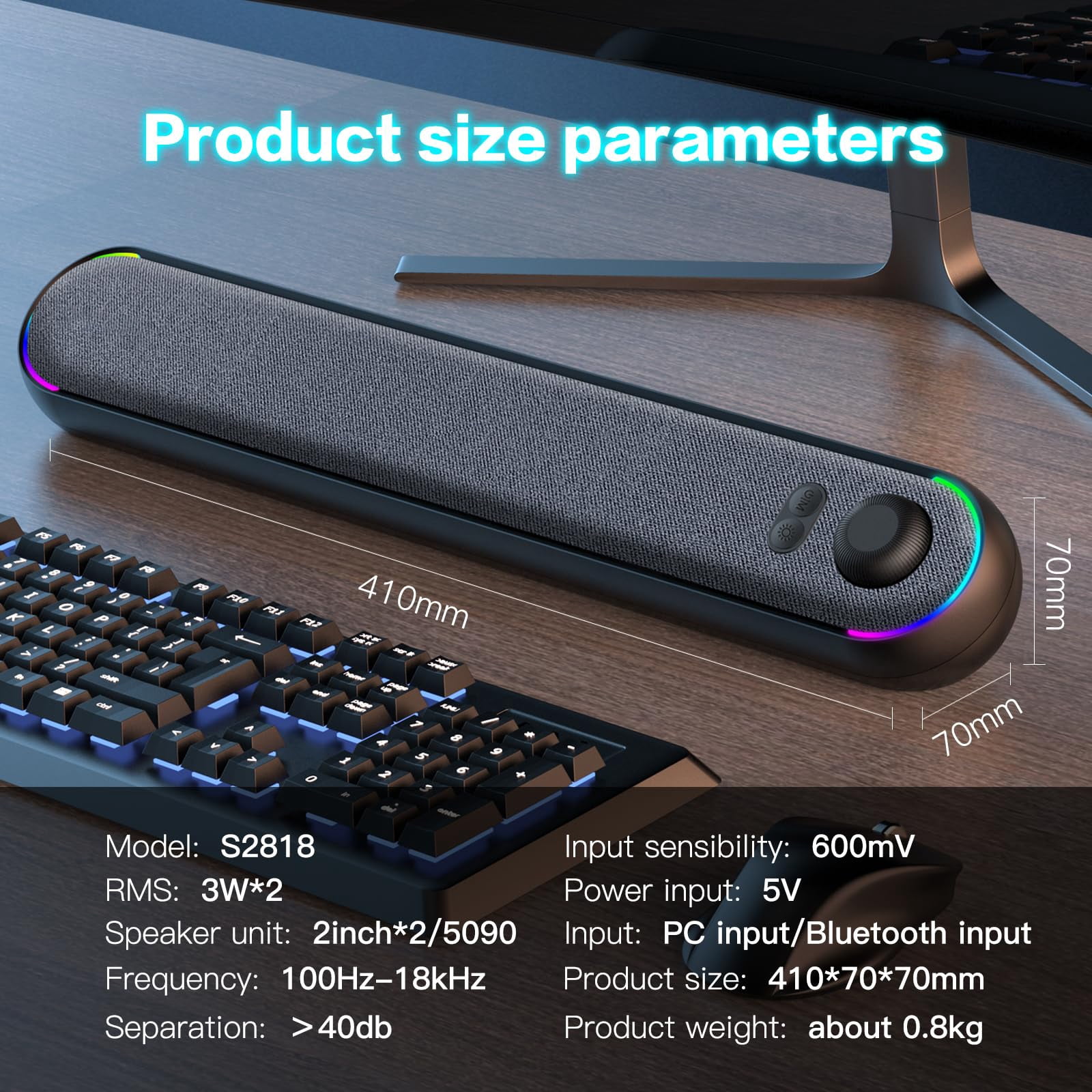 Desktop Computer Speakers, Stereo Soundbar, Bluetooth 5.3, USB/Type-C Power and Audio Transmission, Plug-and-Play, Compatible with PC, Mac, Laptops, Monitors, RGB Lighting, Wired Gaming Speakers