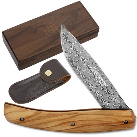 YOUSUNLONG Pocket Knife - Camping Knife Overall 186mm Damascus Steel Blade Olive Handle