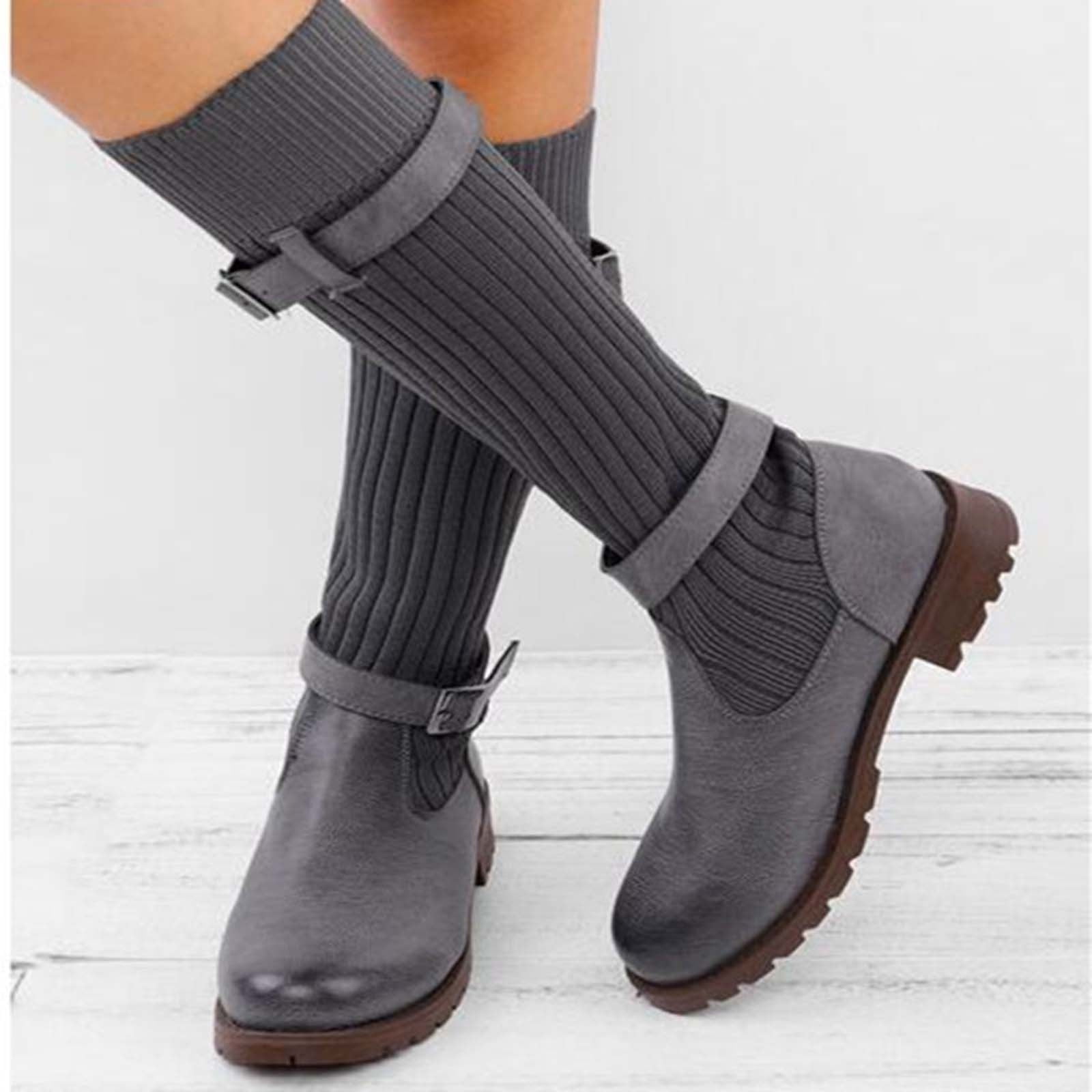 Bottes Chaussettes à Talon Carré Bas Tube Moyen Boucle pour Femmes