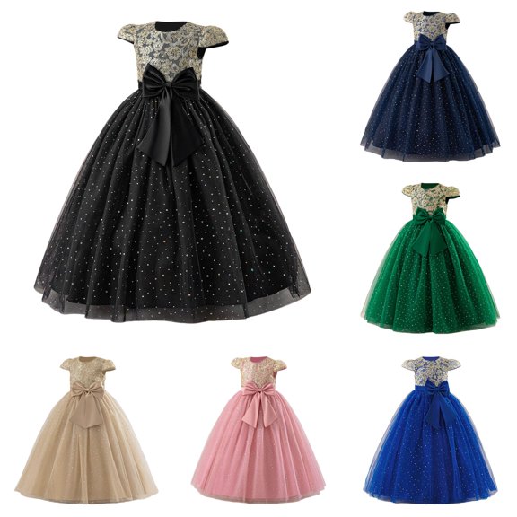 Big Girls Dress Short-sleeve Tutu Gown Elegant Bow Knot Warm for Party Comfortable Dress Set