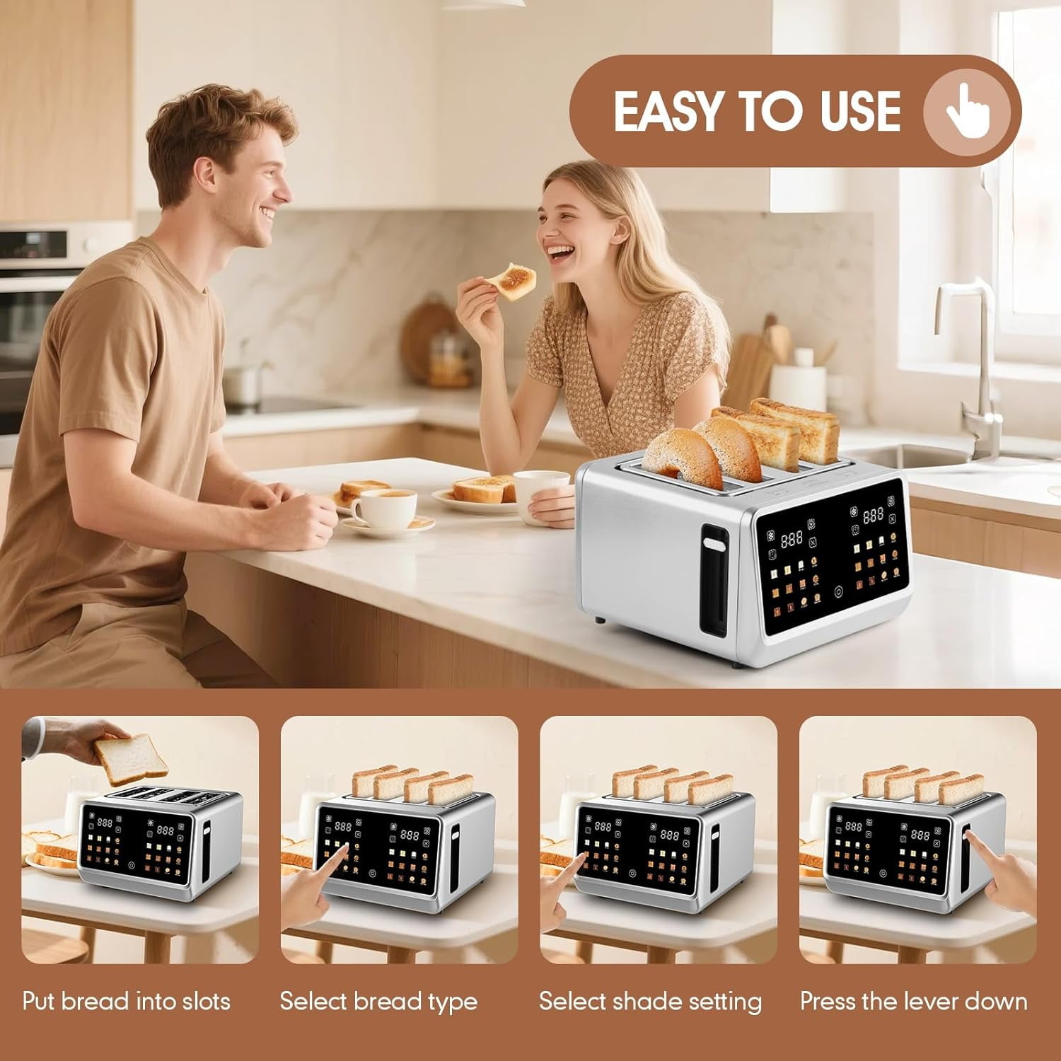 4 Slice Touch Screen Toaster with LCD Display Stainless Steel Digital Toasters 6 Bread Types& Shade Settings Smart Extra Wide Slots With Bal Cancel Defrost Reheat Functions