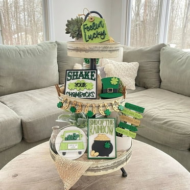 St Patricks Day Decor Wooden Decorative Signs 1 Set Of St. Patricks Day Tiered Tray Decor Lucky Wooden Table Signs Green Block Party Wood Table Centerpieces With Holder,13 Pcs Home Decor