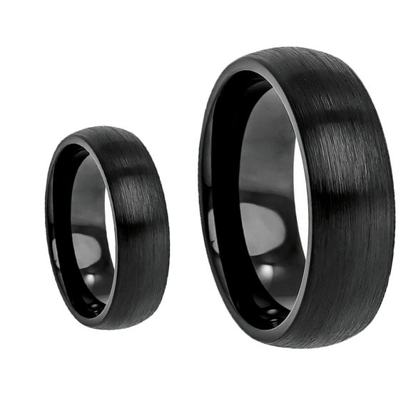 Tungsten Carbide 8MM/6MM For Him & Her Domed Black IP Brushed Finish Wedding Band Ring Set