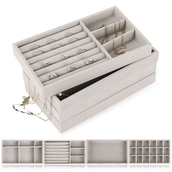 PULLIMORE Set of 4 Stackable Jewelry Organizer Trays, Jewelry Drawer Inserts Container Display Case Storage for Earring Necklace Rings Bracelet