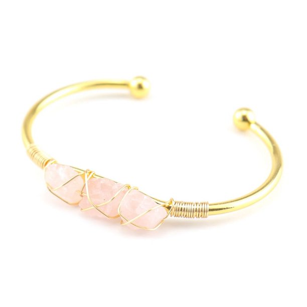 Nvzi Pulsera de cuentas hecha a mano, adecuada, pulsera de alambre de metal envuelto con cristales de piedra cruda natural (rosa)