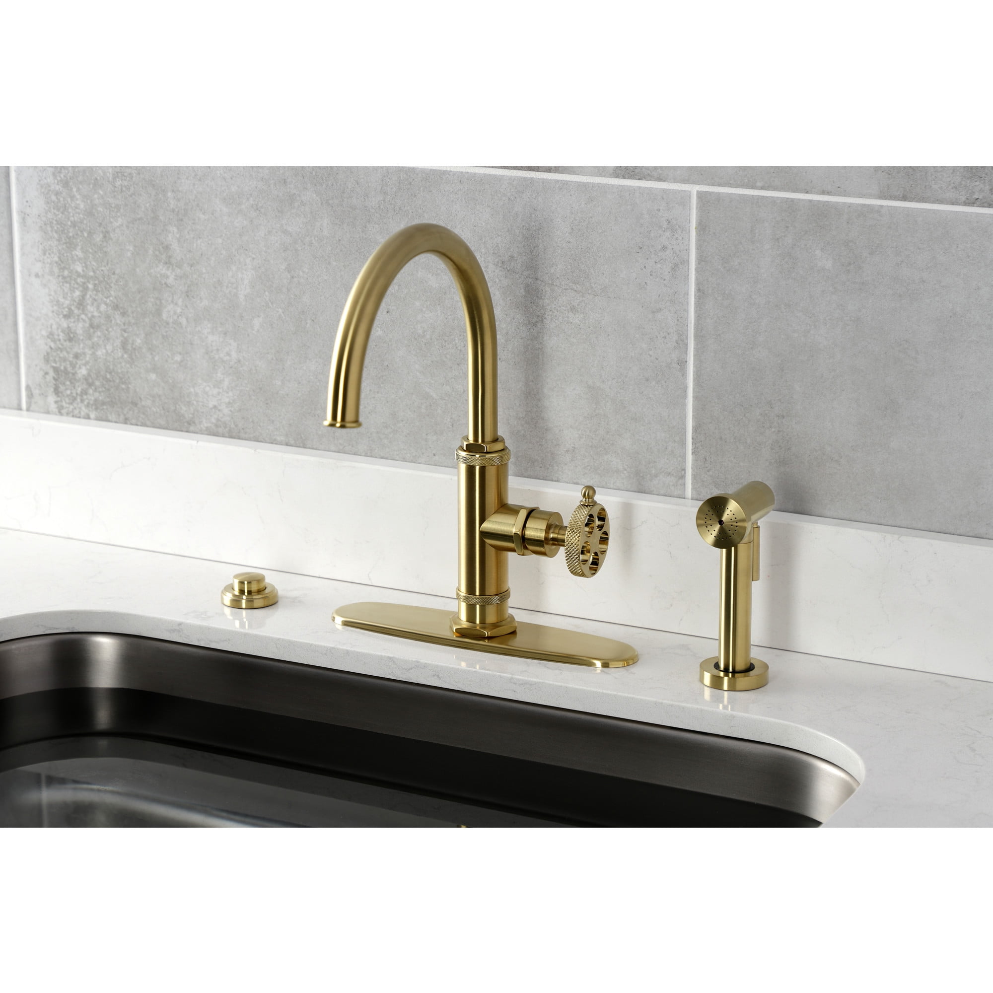 Kingston Brass KS2437RKX Webb Single-Handle Kitchen Faucet with Knurled Handle and Brass Side Sprayer, Brushed Brass