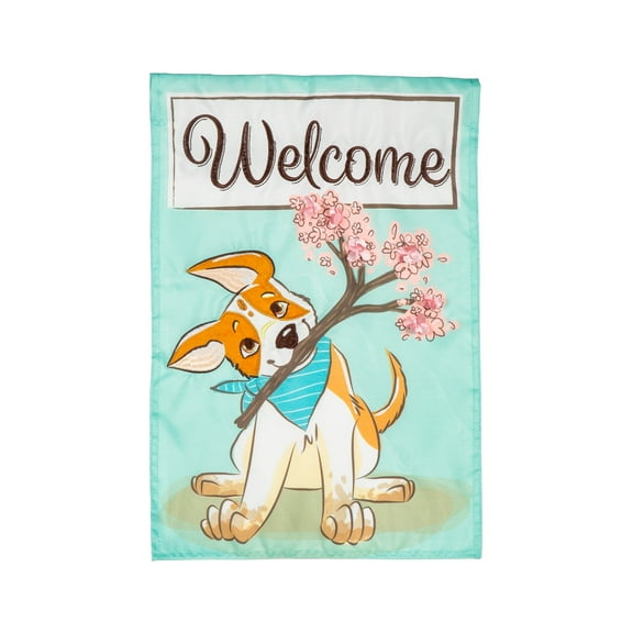 Evergreen Garden Flag Welcome Pup Applique Double Sided Indoor Outdoor Decor 18" x 12.5"