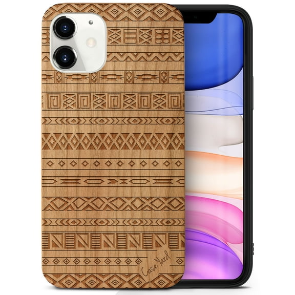 Case Yard Wooden Case Outside Soft TPU Silicone, Slim Fit Shockproof Wood Protective Phone Cover for Girls Boys Men and Women, Supports Wireless Charging Aztec Pattern Design case for iPhone-11