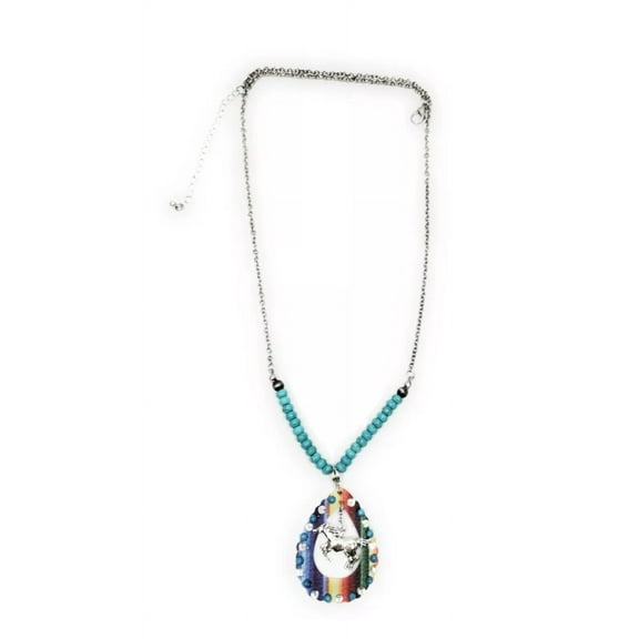 Serape Aztec Horse Necklace Rhinestone Beaded Jewelry Turquoise Blue 27"-30"