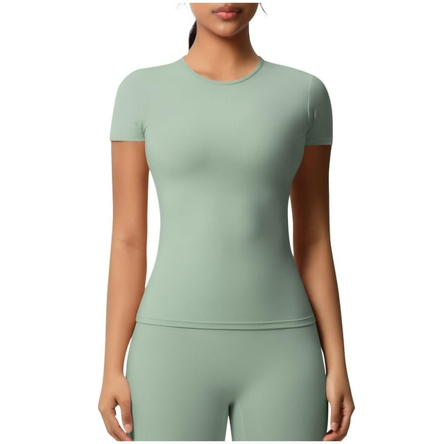 AKOEE T-shirts d'Entraînement en Spandex Tops de Yoga d'Été pour Femmes Séchage Rapide Manches Courtes Col Rond (TG, Vert)
