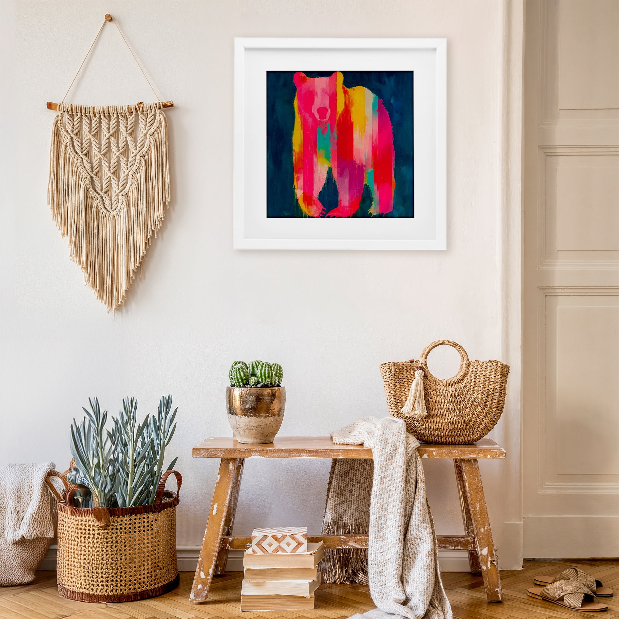 Stupell Industries Pink & Yellow Bear Standing Tall White Framed Print Under Glass, design by Chromatic Storm Studio