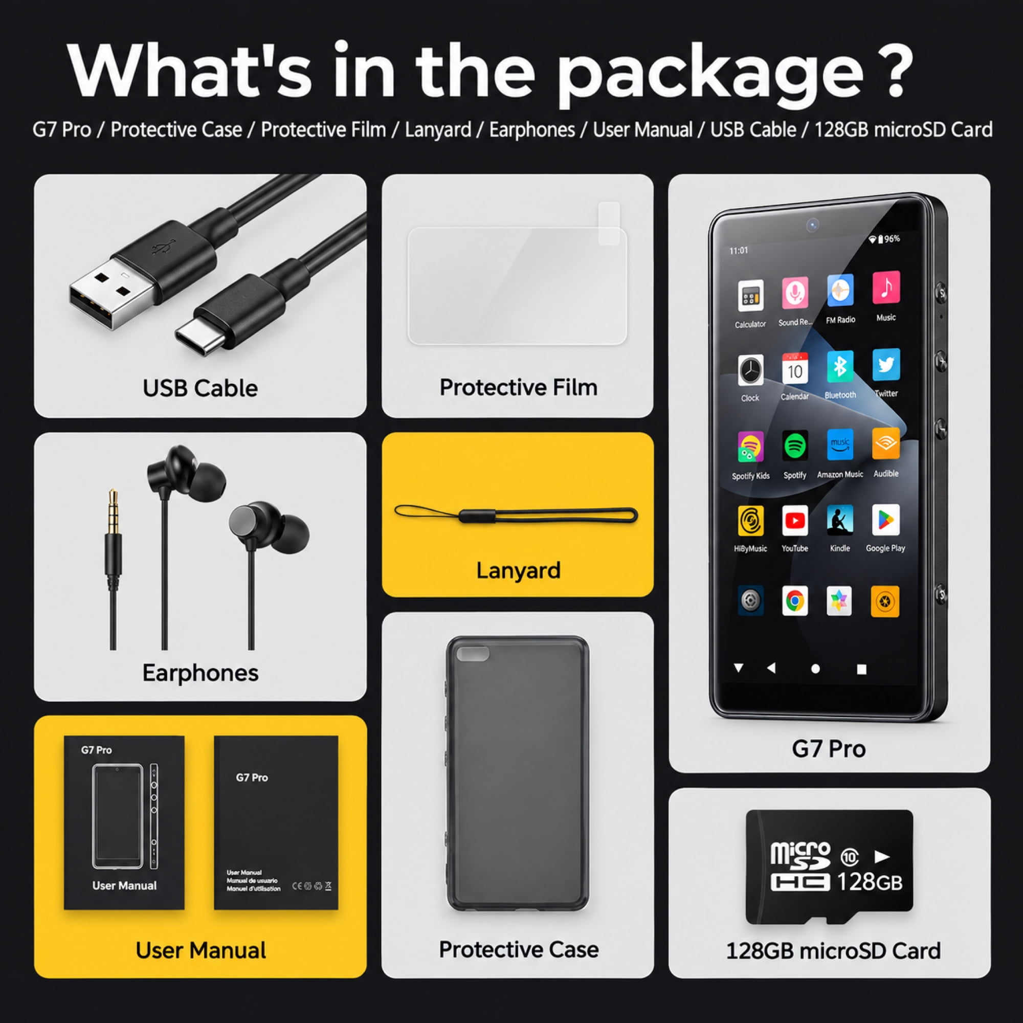 HIFI WALKER G7 Pro 128GB Android MP3 Player with Wifi, Bluetooth, Touchscreen, Spotify, Tidal, Black