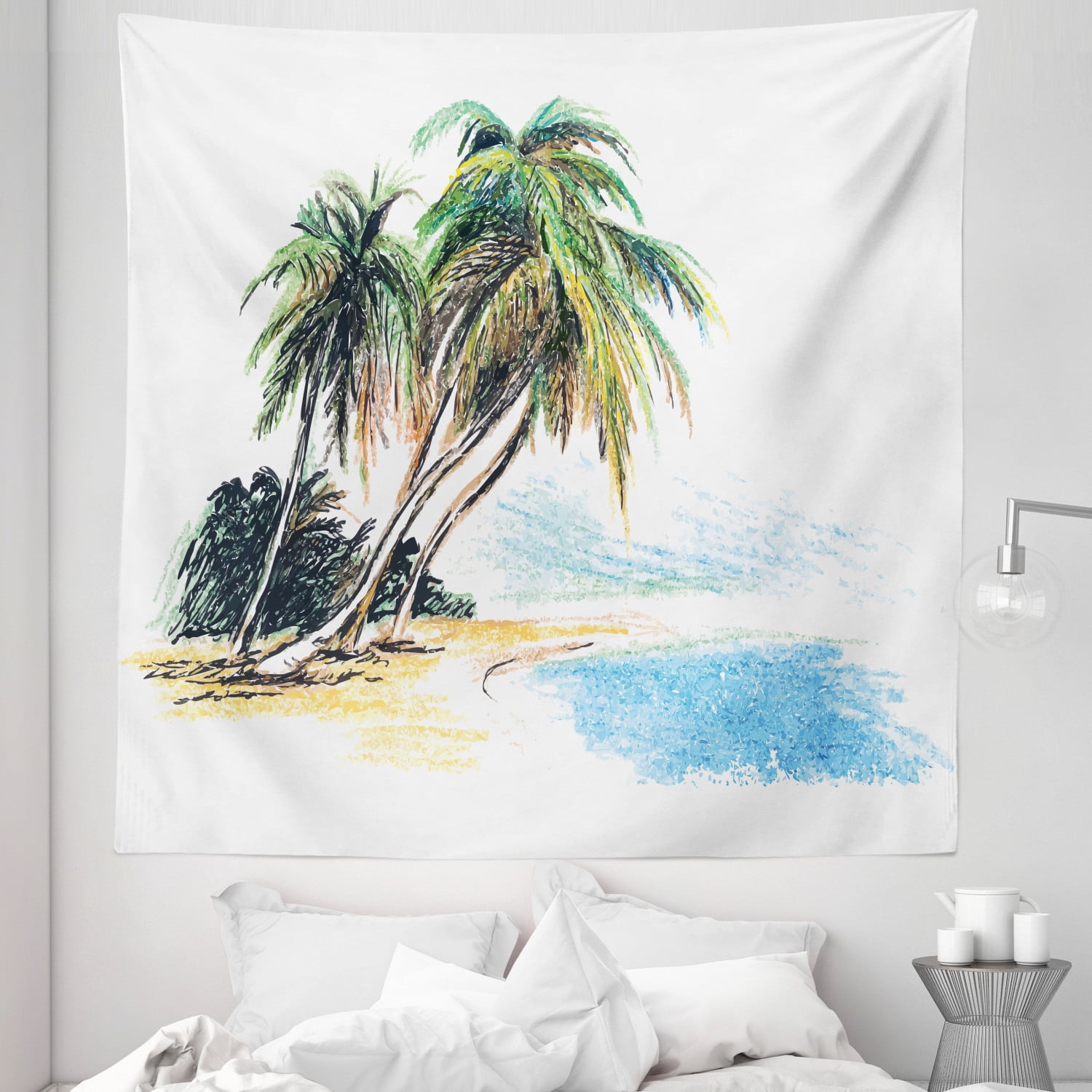 Island Tapestry Ocean Shore Drawing with Palm Trees Coastal Natural Art Sandy Picture Fabric Wall Hanging Decor for Bedroom Living Room Dorm 5 Sizes Fern Green and Sky Blue by Ambesonne