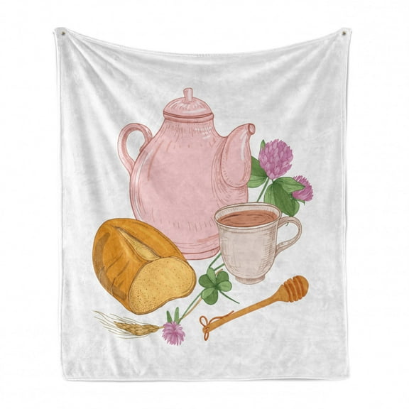 Tea Party Soft Flannel Fleece Throw Blanket, Bread Flower Cup of Coffee Honey Spoon Clover Flower Blossoms Pattern, Cozy Plush for Indoor and Outdoor Use, 70" x 90", Rose and Multicolor, by Ambesonne