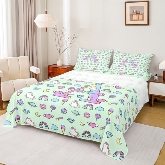 Manfei Pastel Unicorn Bed Sheets,Girls Personalized Letter A Full Size Sheets,Light Green Multicolor,4-Piece,1 Flat Sheet, 1 Fitted Sheet and 2 Pillowcases