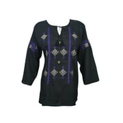 Mogul Womens Tunic Top Black Embroidered Indian Cotton Blend Long Sleeves Summer Casual Beach Cover Up Blouse