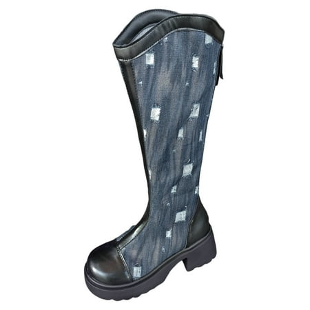 VMESZQFG Boots for Women Shoes Rubber Work Boots for Women Wide Calf Fashion Women Star Prints Thick Sole Square Heels Zipper Mid Booties Round Toe Shoes Heel Boot Blue