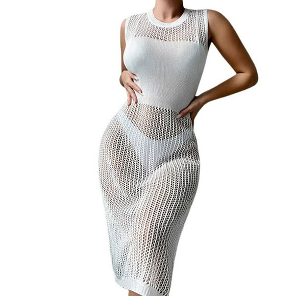FhsagQ Womens Cover Up Plus Size Set New European and Beach Vacation Sexy Solid Color Round Neck Woven Texture Split Beach Sun Cover Up Long Skirt Women Cover Up White One Size